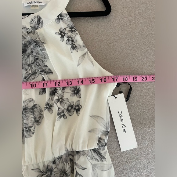Calvin Klein White Black Floral Motif Sleeveless Ruffle Dress Size 12 - Picture 6 of 11